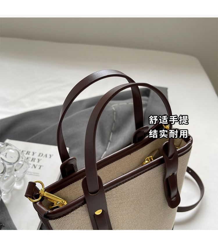 Bucket Two Panel Leather Faux Canvas Tone Bag