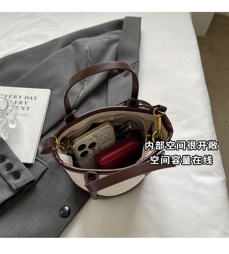 Bucket Two Panel Leather Faux Canvas Tone Bag