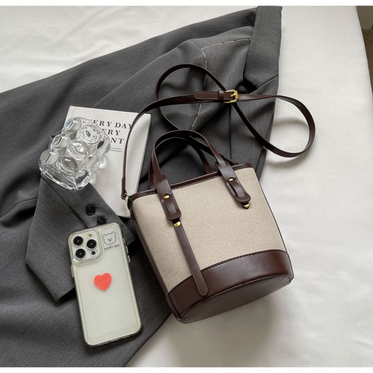 Bucket Two Panel Leather Faux Canvas Tone Bag