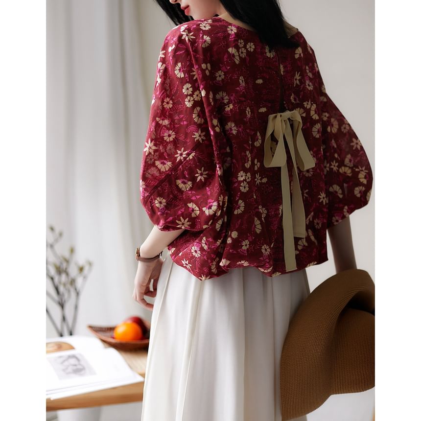 Balloon Sleeve Round Neck Floral Print Tie Back Blouse