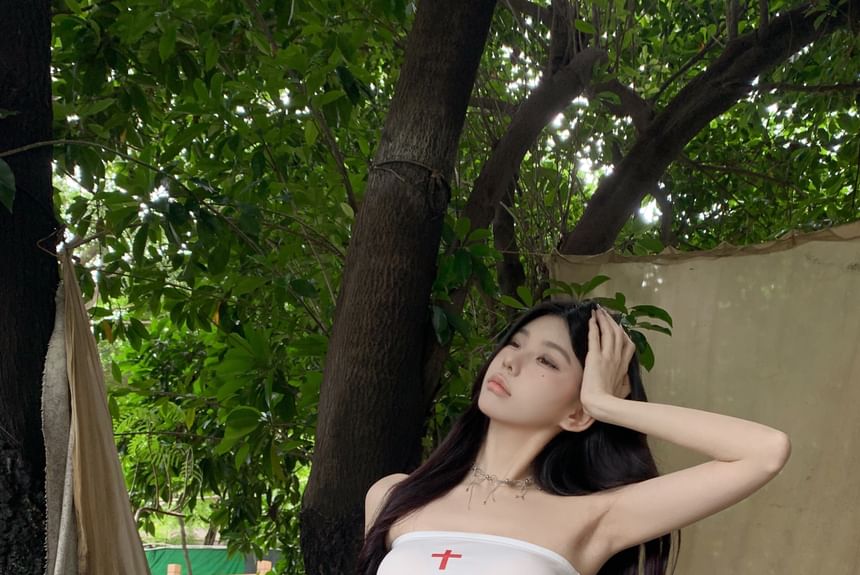 / Mid Skort Lettering Rise Plain Strapless Top