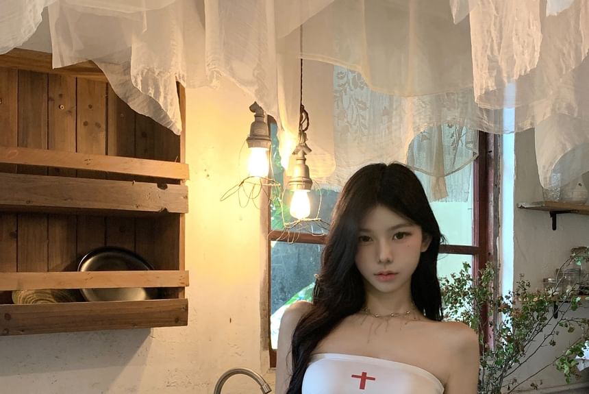 / Mid Skort Lettering Rise Plain Strapless Top