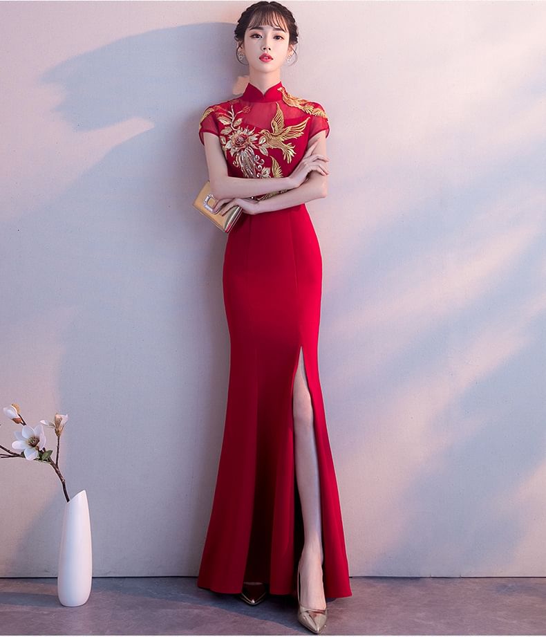 Traditional Chinese Cap-Sleeve Embroidered Mermaid Evening Gown