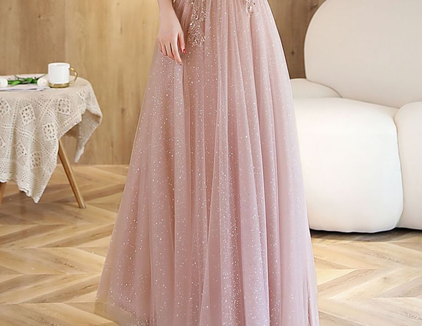 Mesh (Various Designs) Short-Sleeve A-Line Evening Rhinestone Gown