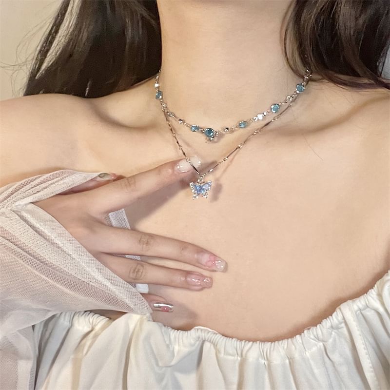 Set: Necklace + Pendant Alloy Faux Choker Butterfly Crystal