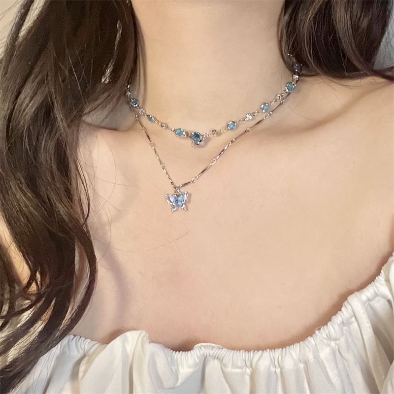 Set: Necklace + Pendant Alloy Faux Choker Butterfly Crystal