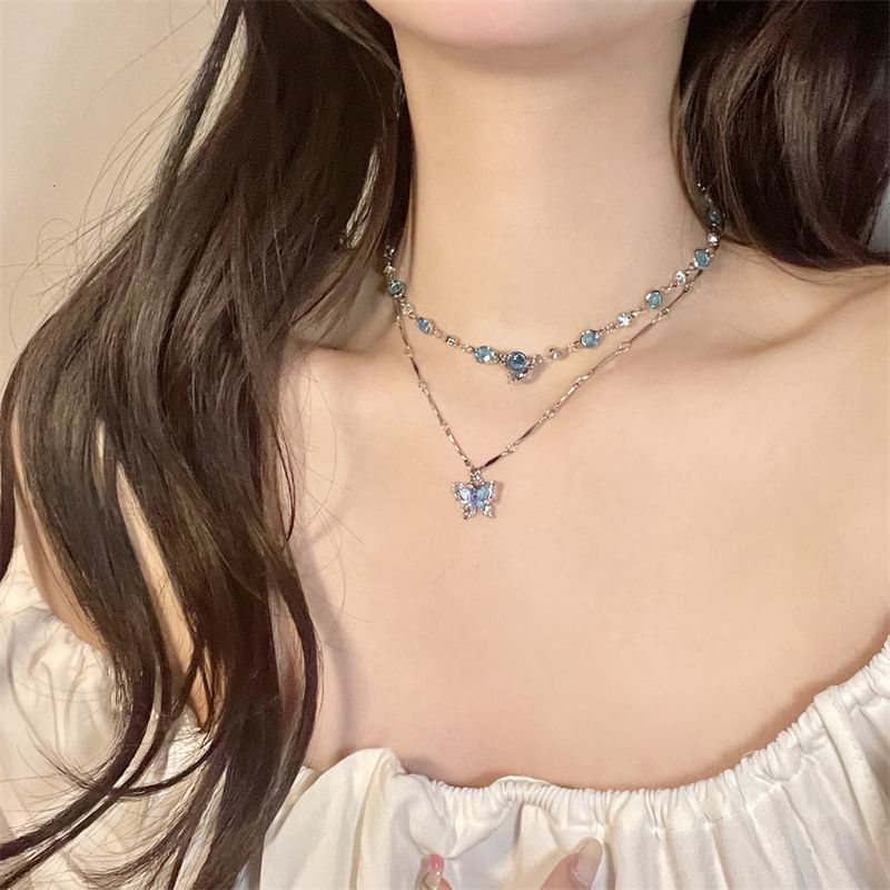Set: Necklace + Pendant Alloy Faux Choker Butterfly Crystal