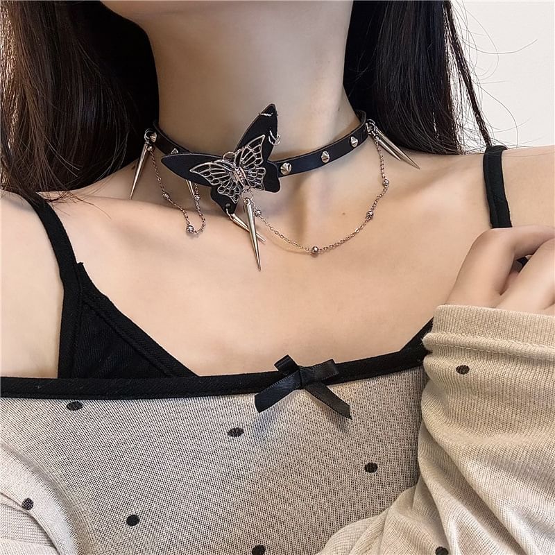 Leather / Studded Faux Alloy Choker Butterfly