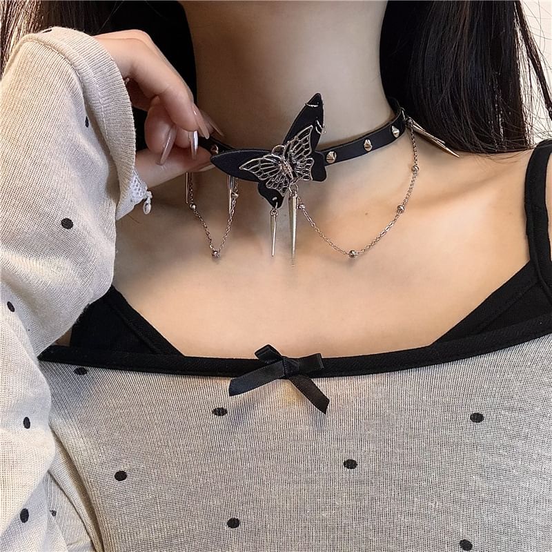 Leather / Studded Faux Alloy Choker Butterfly