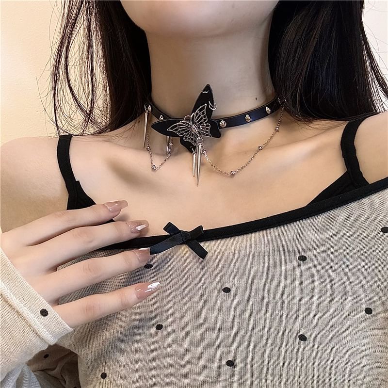 Leather / Studded Faux Alloy Choker Butterfly