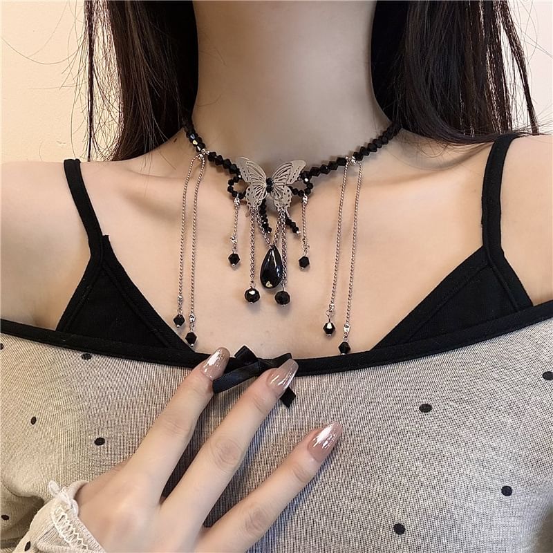 Leather / Studded Faux Alloy Choker Butterfly