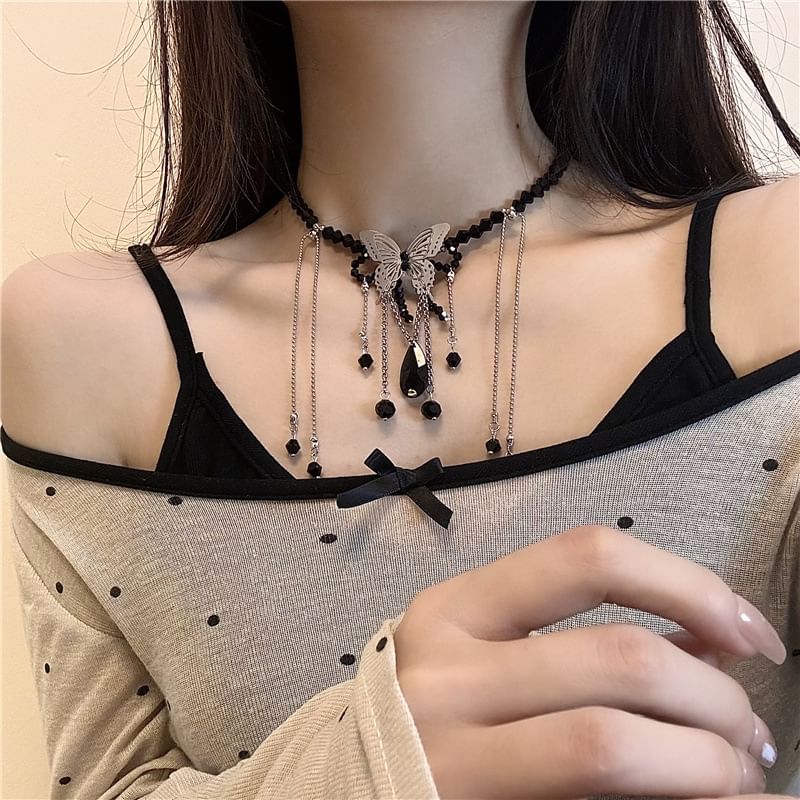 Leather / Studded Faux Alloy Choker Butterfly