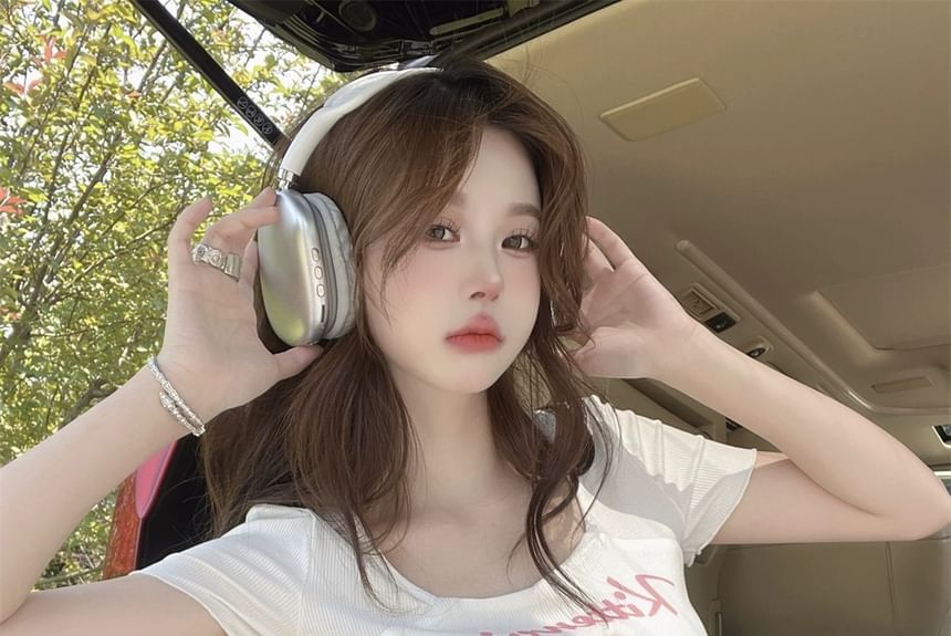 Print Short-Sleeve Lettering Tee Cartoon Square Neck