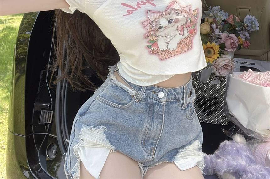 Print Short-Sleeve Lettering Tee Cartoon Square Neck