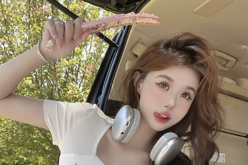 Print Short-Sleeve Lettering Tee Cartoon Square Neck