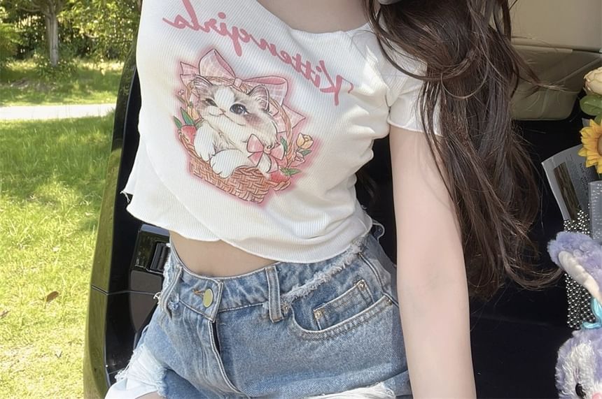 Print Short-Sleeve Lettering Tee Cartoon Square Neck