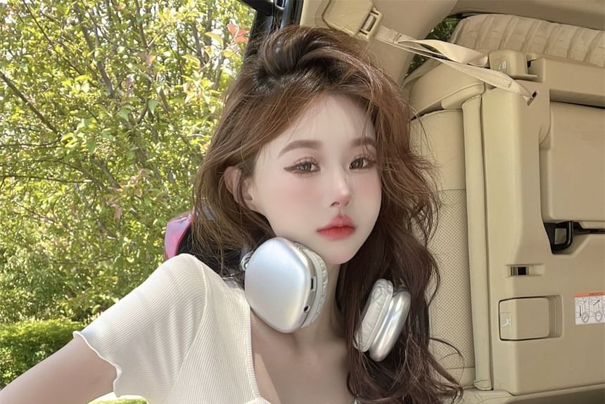 Print Short-Sleeve Lettering Tee Cartoon Square Neck