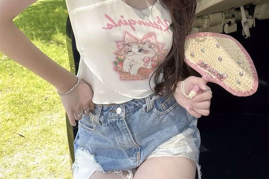 Print Short-Sleeve Lettering Tee Cartoon Square Neck