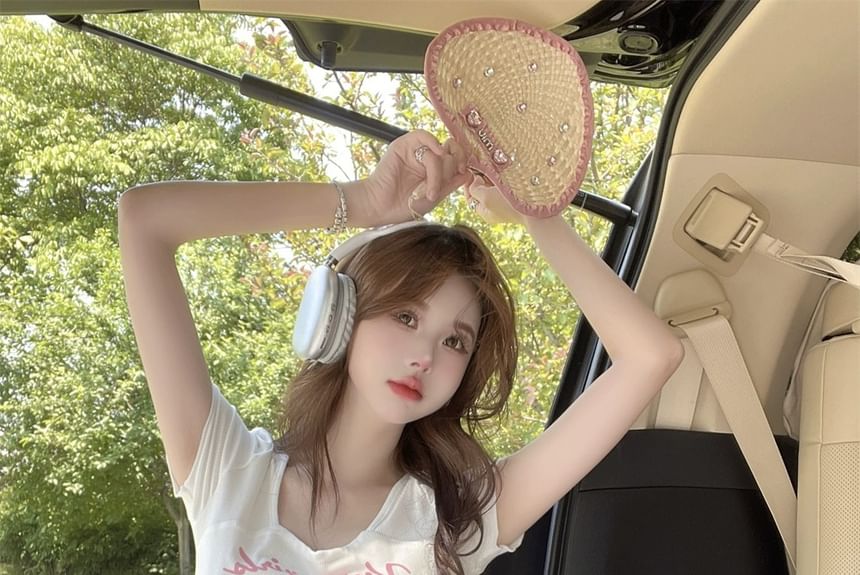 Print Short-Sleeve Lettering Tee Cartoon Square Neck