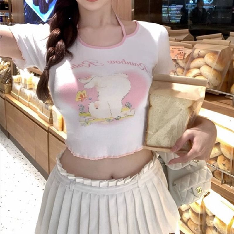 Halter T-Shirt Lettering Cartoon Short-Sleeve Print