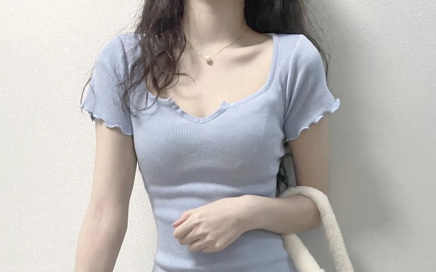 Short-Sleeve Neck Edge Notch Sheath Mini Dress Lettuce Plain