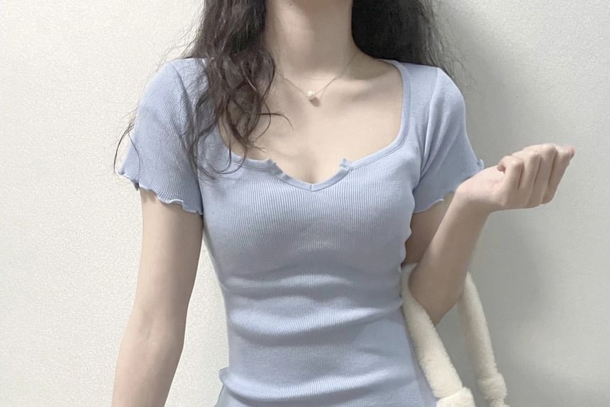 Short-Sleeve Neck Edge Notch Sheath Mini Dress Lettuce Plain