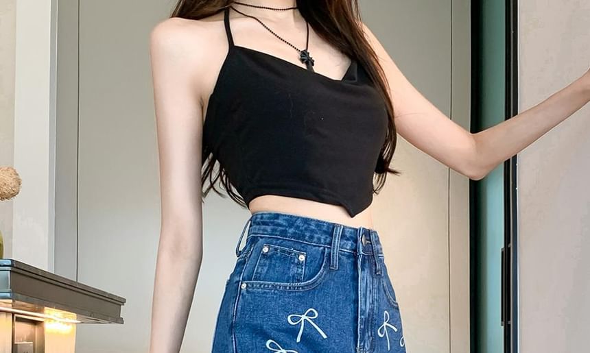 Bowknot Print High Waist Straight Cutting Denim Shorts Egirldoll