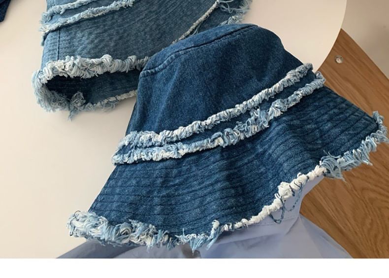 Fringed Distressed Hat Denim Bucket