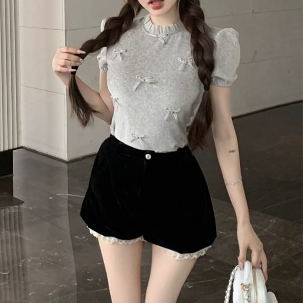 High Waist Frill Crew / Plain Bow Shorts Top Short Neck Panel Sleeve Velvet