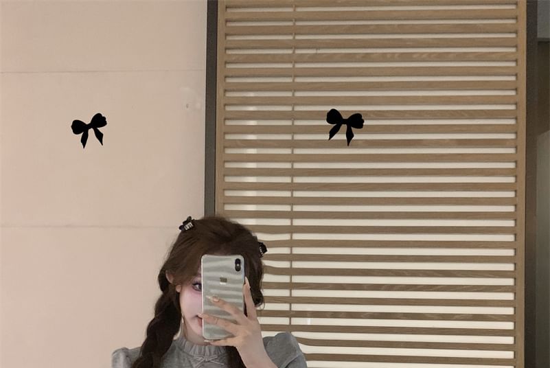 High Waist Frill Crew / Plain Bow Shorts Top Short Neck Panel Sleeve Velvet