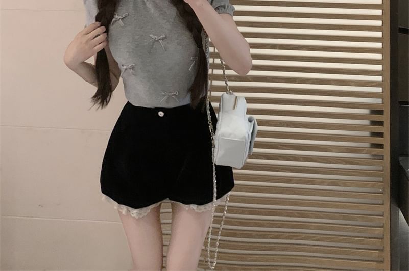 High Waist Frill Crew / Plain Bow Shorts Top Short Neck Panel Sleeve Velvet