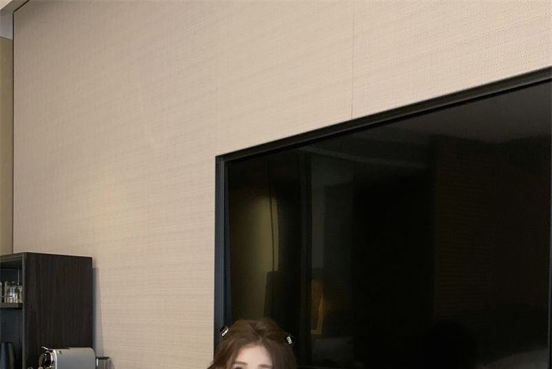 High Waist Frill Crew / Plain Bow Shorts Top Short Neck Panel Sleeve Velvet