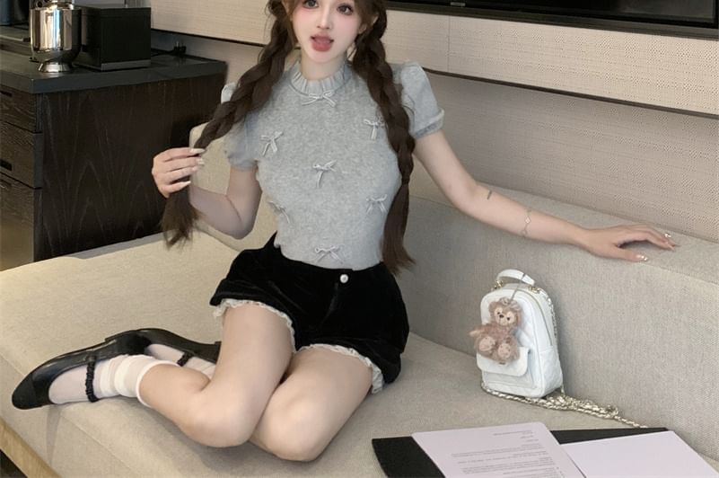 High Waist Frill Crew / Plain Bow Shorts Top Short Neck Panel Sleeve Velvet