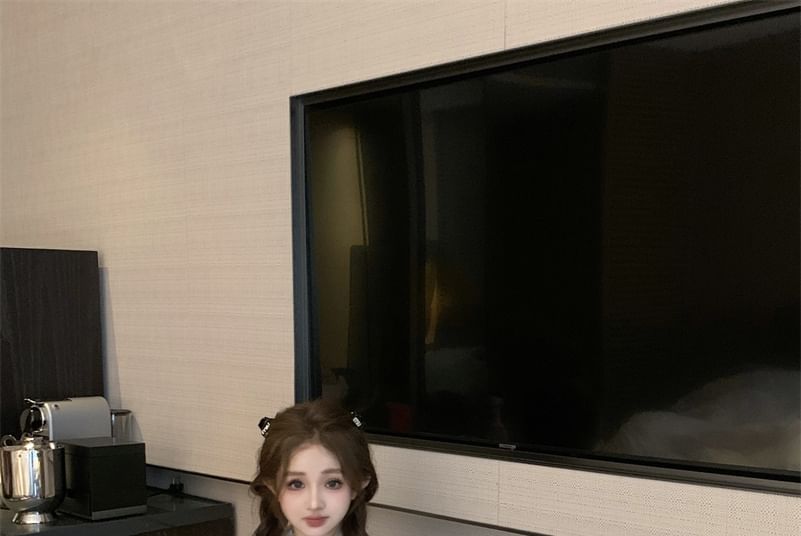 High Waist Frill Crew / Plain Bow Shorts Top Short Neck Panel Sleeve Velvet