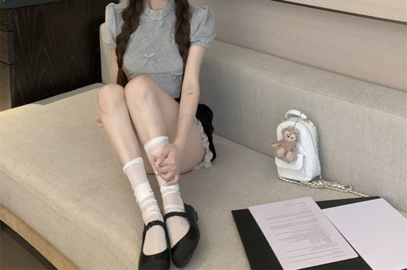 High Waist Frill Crew / Plain Bow Shorts Top Short Neck Panel Sleeve Velvet