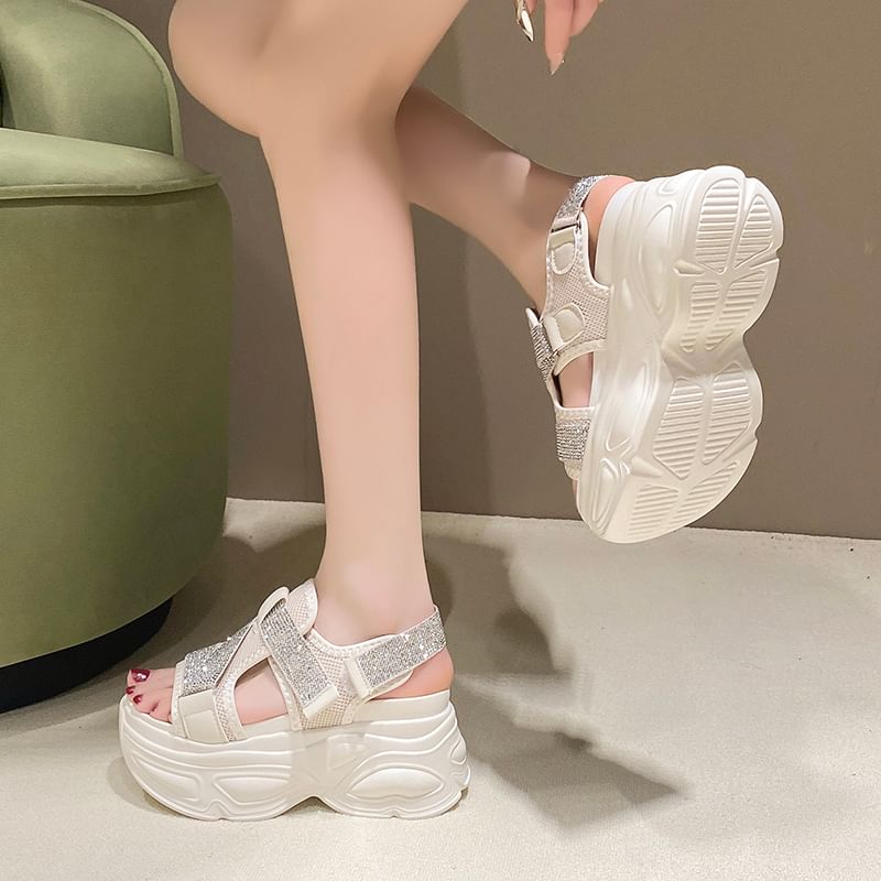 Slingback Adhesive Rhinestone Strap Sandals Platform Mesh