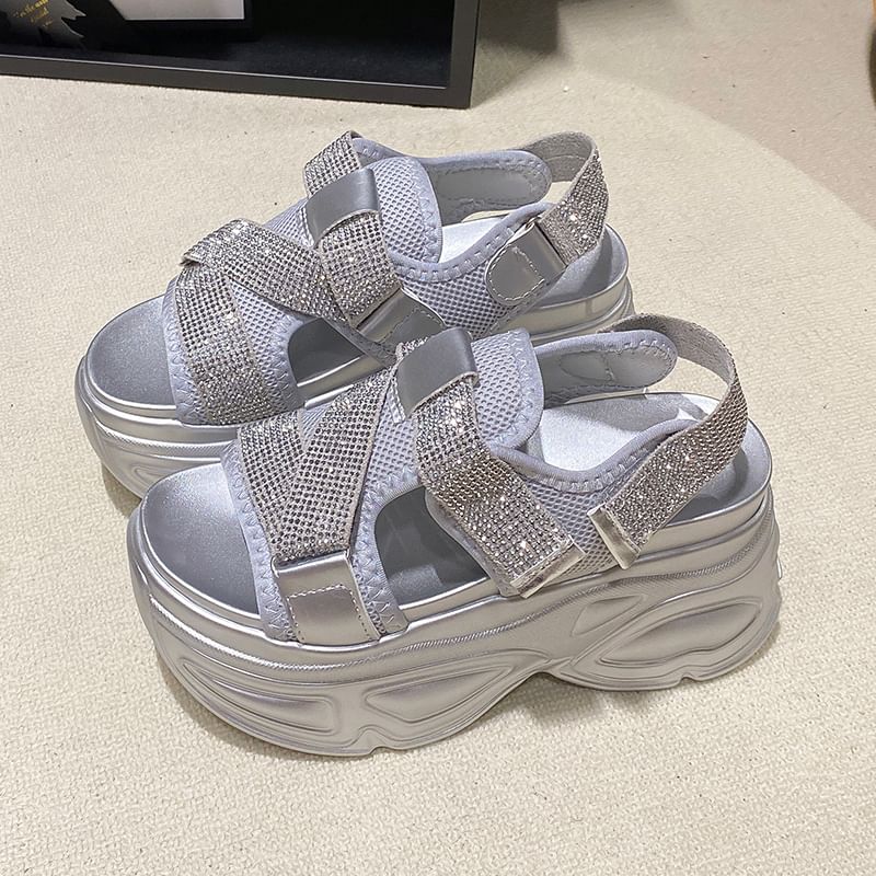 Slingback Adhesive Rhinestone Strap Sandals Platform Mesh