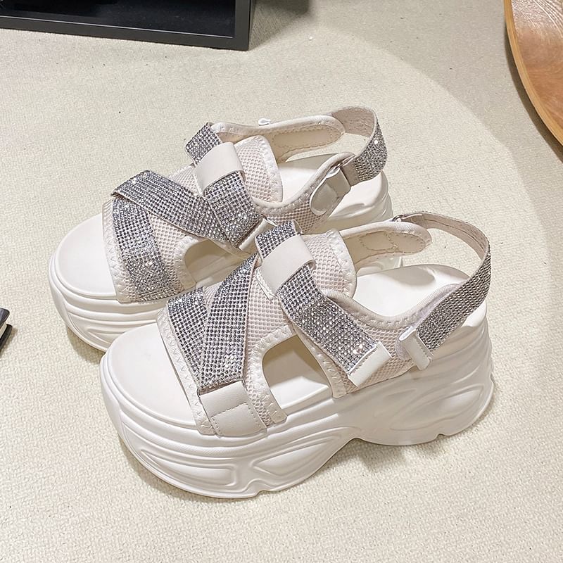 Slingback Adhesive Rhinestone Strap Sandals Platform Mesh