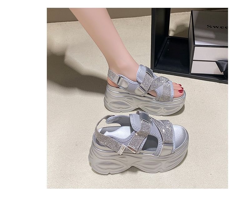Slingback Adhesive Rhinestone Strap Sandals Platform Mesh