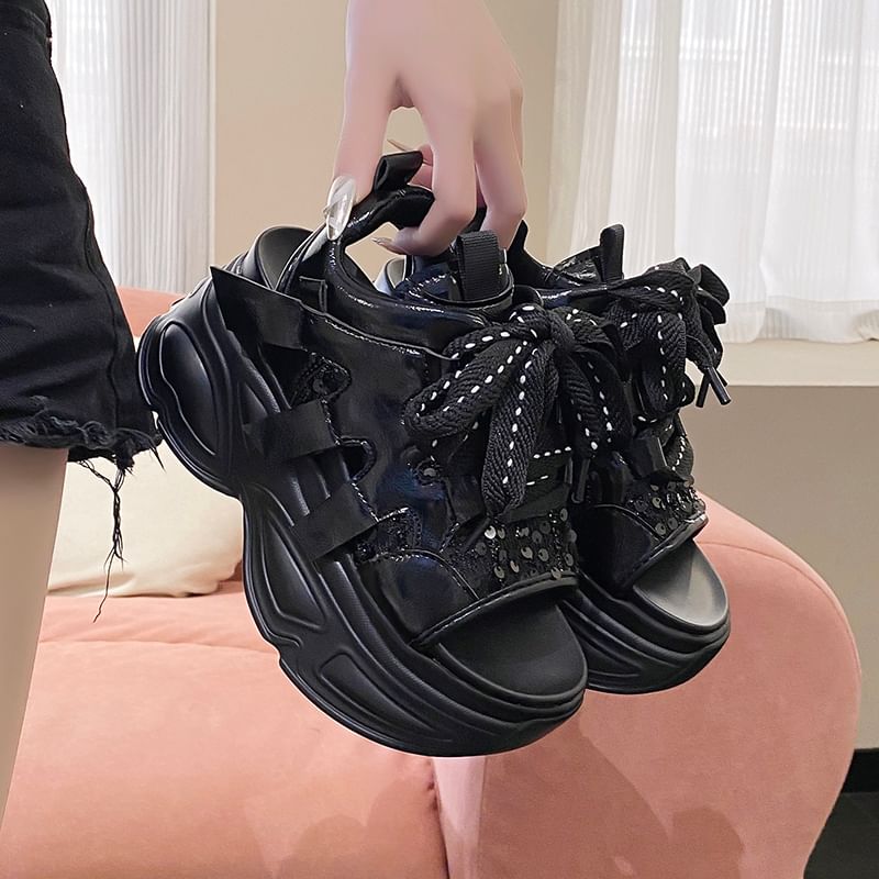 Lace-Up Platform Sandals Slingback Sequin