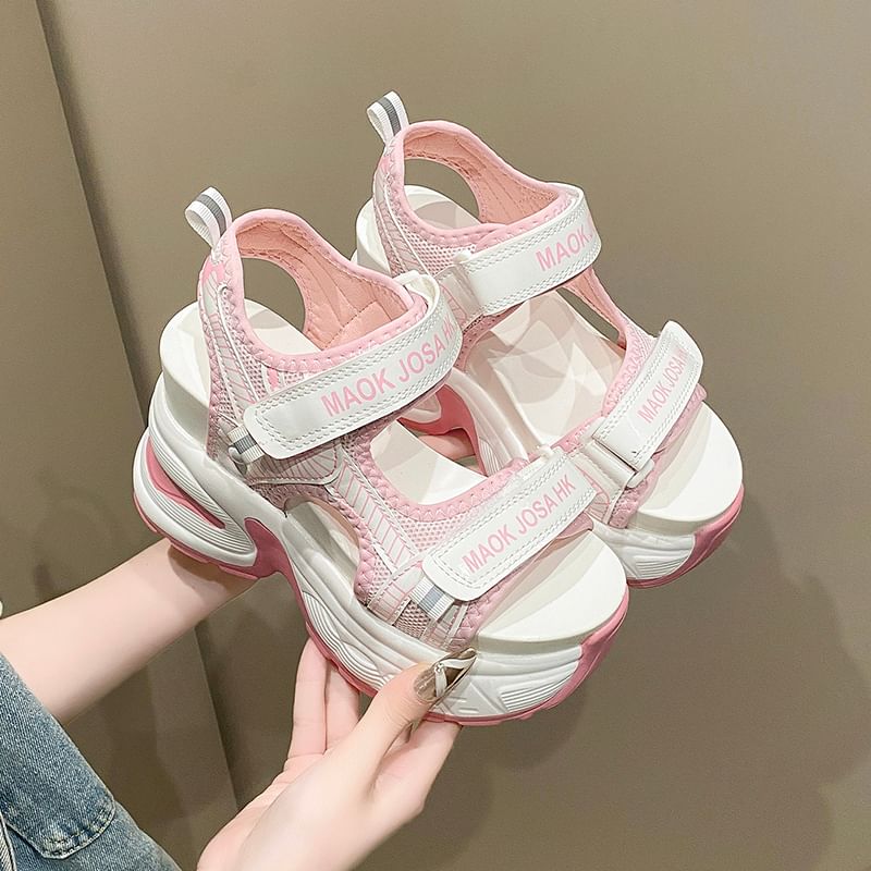 Wedge Strap Print Sandals Slingback Lettering Mesh Heel Adhesive