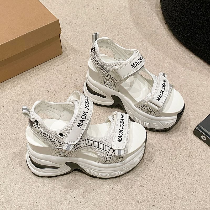 Wedge Strap Print Sandals Slingback Lettering Mesh Heel Adhesive