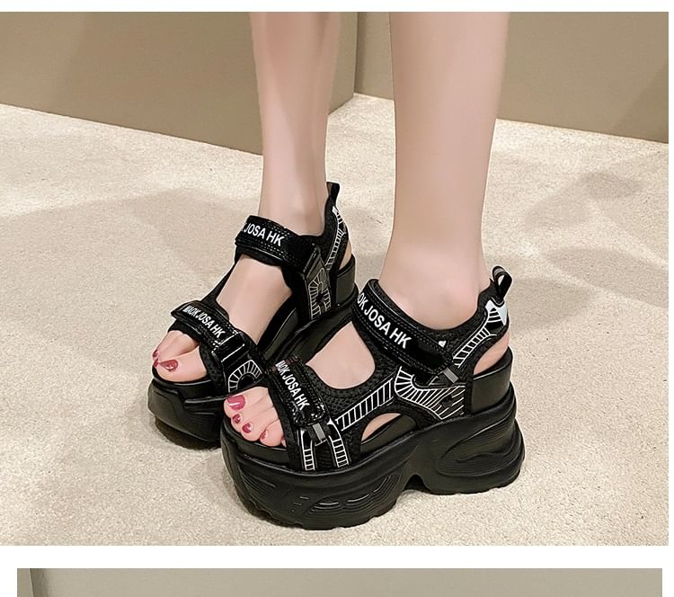 Wedge Strap Print Sandals Slingback Lettering Mesh Heel Adhesive