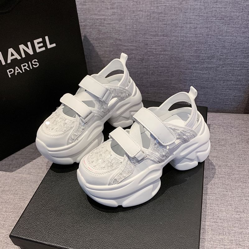 Sandals Strap Sneaker Platform Sequin Adhesive Mesh