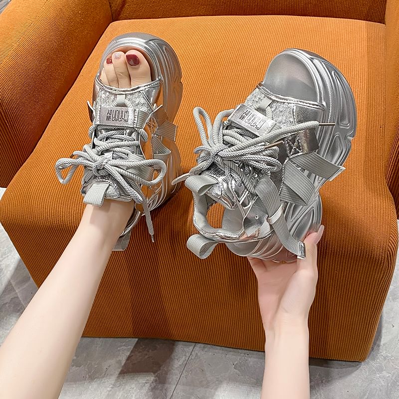 Sandals Slingback Lace-Up Sequin Platform