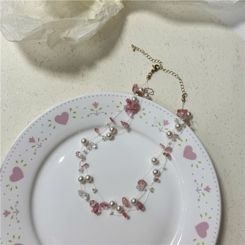 Faux Crystal Layered Choker Pearl