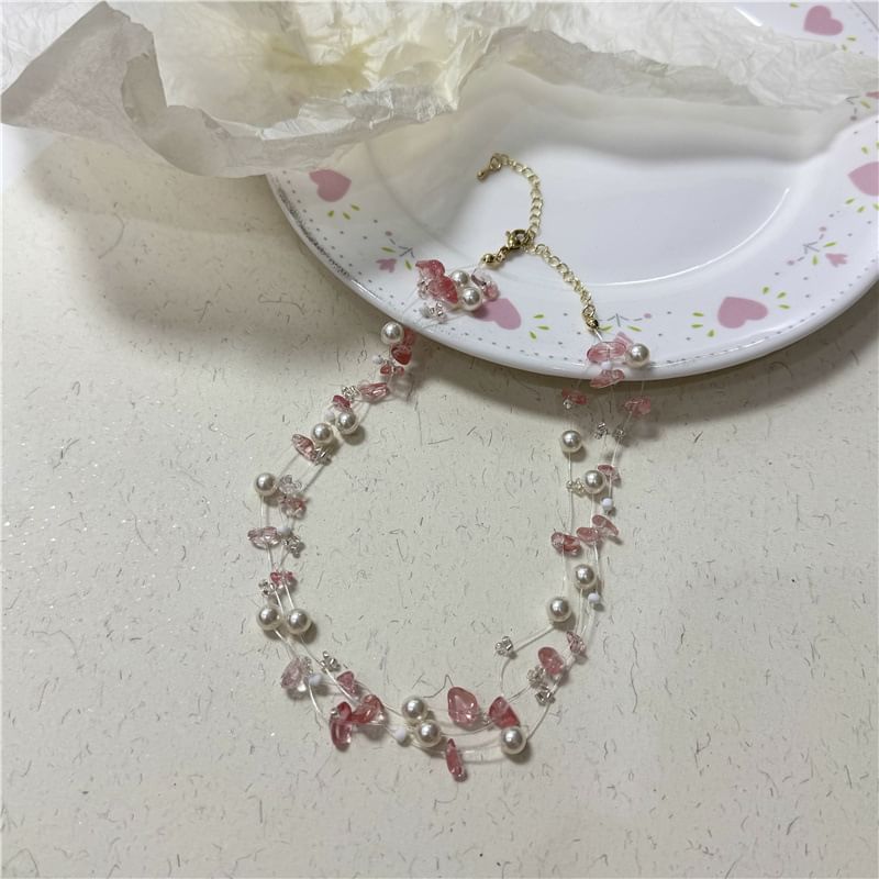 Faux Crystal Layered Choker Pearl