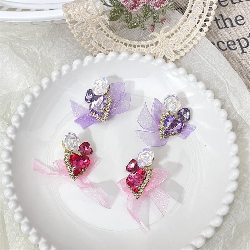 Bow Heart-Shaped Organza Rhinestone With Earrings