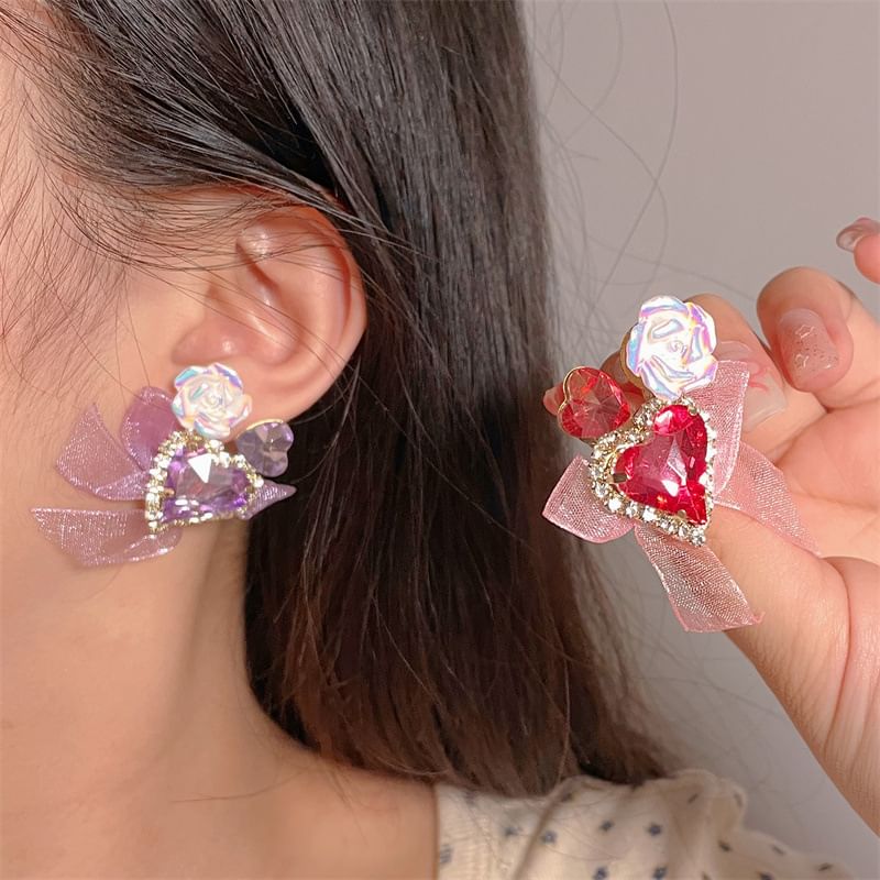 Bow Heart-Shaped Organza Rhinestone With Earrings