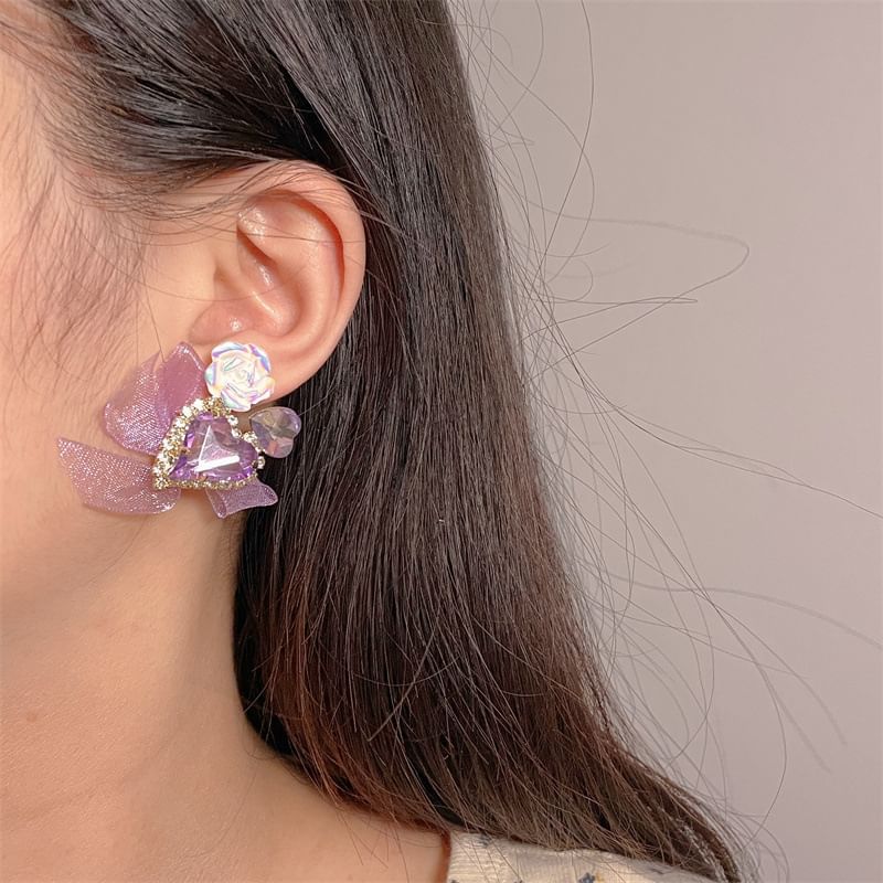 Bow Heart-Shaped Organza Rhinestone With Earrings